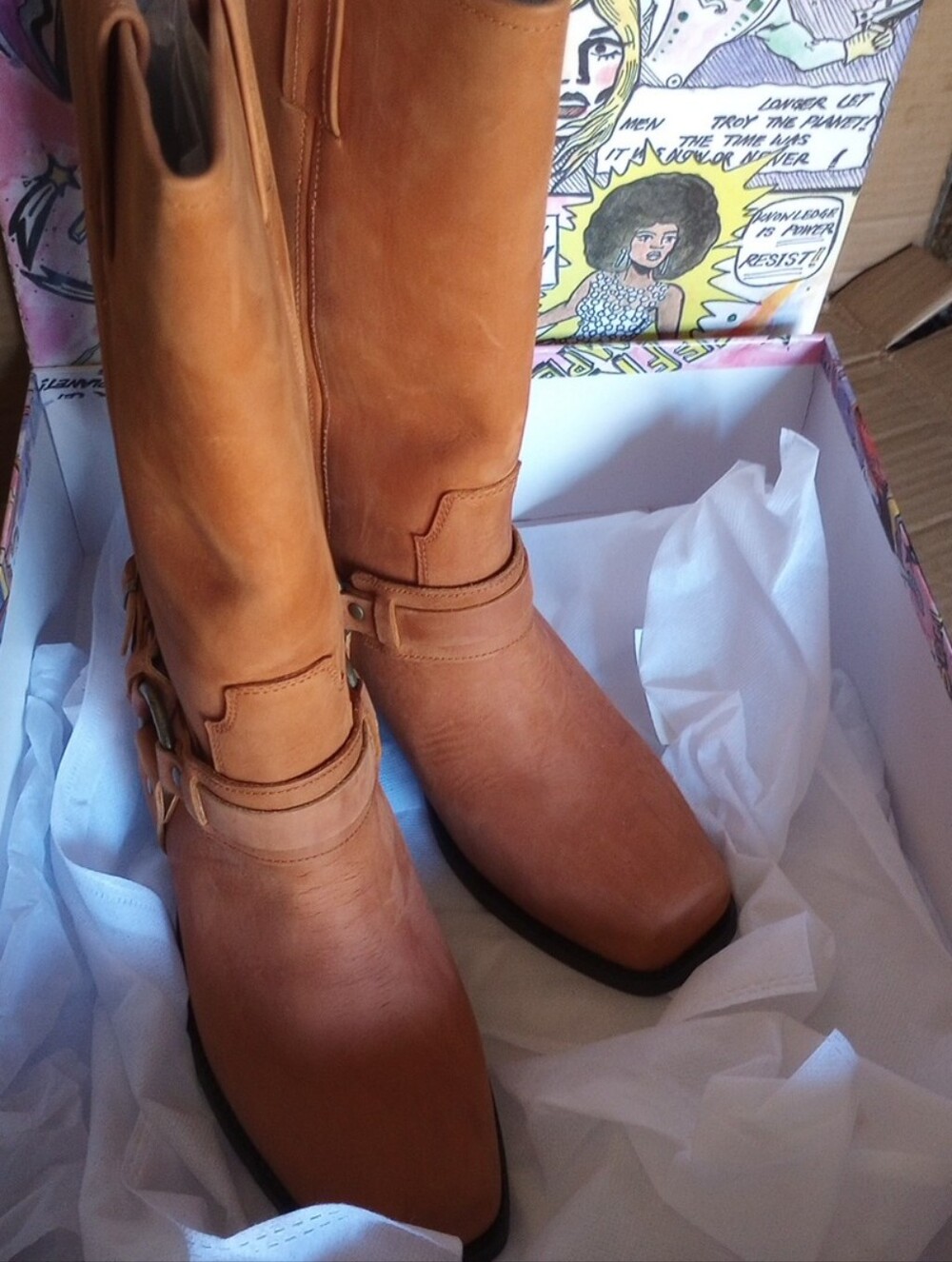 Jeffrey Campbell Cognac Leather Mid-Calf Leather Pull On Harness Boots